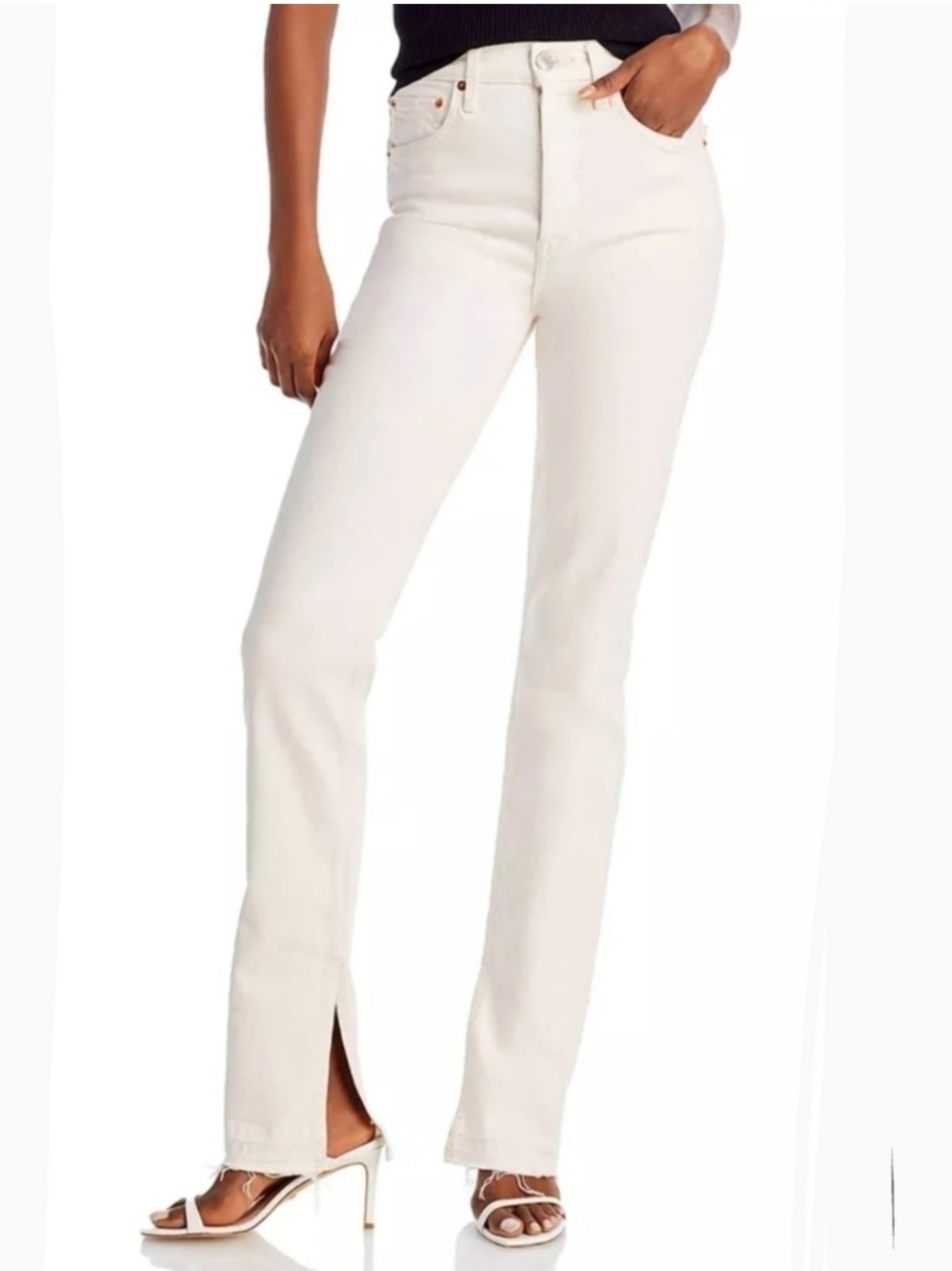 RE/DONE 90s High Rise Jean 23 button fly Side slit raw hem 34” vintage white